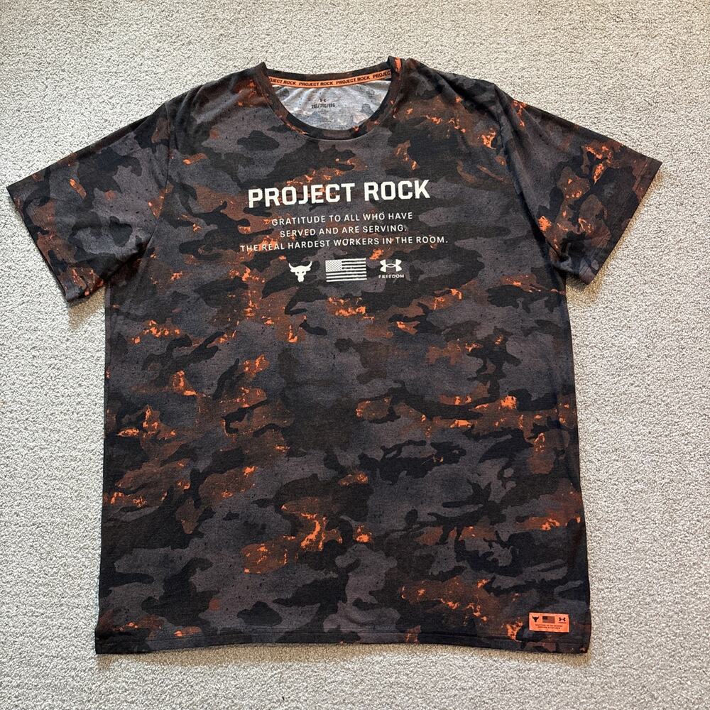 Men's Under Armour Project Rock Veterans Day Orange Camo T-Shirt Size 2XL